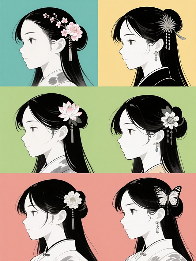 六个不同纯色背景（每个背景颜色完全不同）的系列插画集合，规整排布成一行或两行。每张插画均为日系动漫风格的女性侧脸头像，采用细腻流畅的黑色线条勾勒，局部阴影用灰色水墨风格晕染，保持与原图一致的线条粗细变化和笔触质感。所有角色均为长发造型，佩戴不同样式的传统发饰（如樱花、牡丹、梅花、莲花、菊花、蝴蝶等）和耳环，穿着带有不同领口细节的传统服饰衣领。整体构图统一为头部微微侧倾，目光看向画面左侧，保持原作的优雅恬静氛围，画面简洁干净，无任何文字和多余元素。