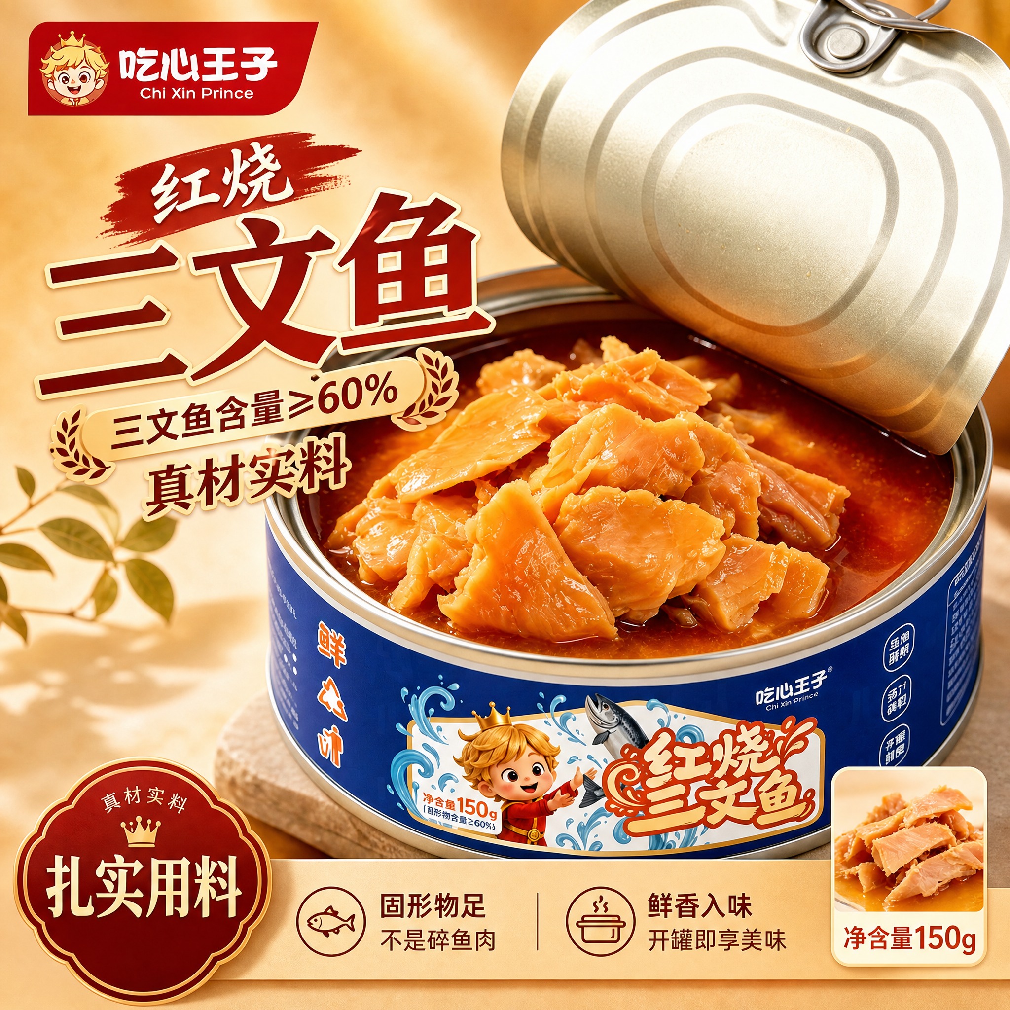 重新设计这张红烧三文鱼罐头的海报排版，保持罐头里的三文鱼肉形态… - 图片创意预览