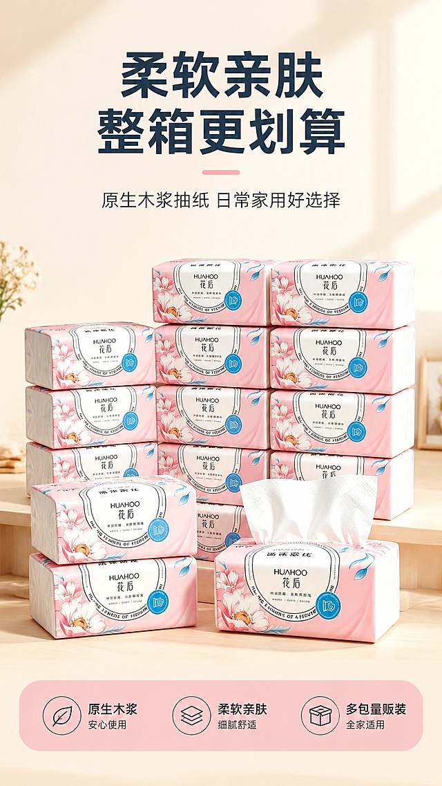 [第1屏] 详情页头图-花后抽纸整箱量贩装宣传海报。本屏使用【图1】作为商品主体。
[氛围/风格] 温馨家居氛围感，浅暖米色背景，柔和自然光线，商业摄影质感，简约干净。
[元素布局] 抽纸堆放在画面中心区域，占比约65%-70%，保留产品原包装粉色花纹、品牌文字和蓝色标识，与产品图一致；背景加入浅米色桌面，上方留有主标题区域，底部增加浅粉色装饰条；整体错落有致，展示多包产品的量贩感。
[光影质感] 上方柔和顶光，桌面自然投影，产品包装保留清晰纹理，整体明亮通透，突出产品干净感。
[配色色系] 全局底色 #FFF5E8；主色为产品原有粉色包装；辅助色为浅米色背景、深蓝色标题。
[视角构图] 正面平视角度，产品堆头为视觉中心，阅读动线从上到下：顶部标题 → 中心产品 → 底部信息。
[文字版式] 版式为顶部标题 + 中心产品堆头 + 底部信息条。主标题「柔软亲肤 整箱更划算」，副标题「原生木浆抽纸 日常家用好选择」，字体采用清晰无衬线黑体；底部信息条标注「多包量贩装 满足全家需求」，文字不遮挡产品主体。
[比例分辨率] 9:16竖版比例，4K分辨率，文字清晰可辨，高清画质。
[负向提示词] 产品包装变形，缺件错件，文字错乱，颜色偏差，水印，背景杂乱，产品图模糊