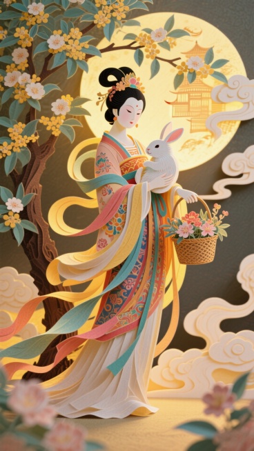 生成敦煌风格嫦娥广寒宫中国画，画面中嫦娥衣摆飘逸，怀抱玉兔立于桂花树下，手提花篮，祥云与花朵环绕，仙气飘飘。预览效果