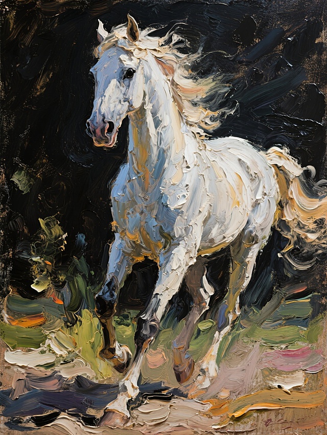 大师风格，精心绘制的油画作品，细节刻画入微，阴影处理细腻，伦勃朗风格，带有油画写实的质感、暗黑色调，结合中西大写意的表现方式。一身奢华行头的白马，正面奔跑冲击屏幕。大师级的构图，整个画面极具张力。伦勃朗光的运用使光照强烈，多细节、高清晰，涂抹感和肌理感明显，通过大笔触的处理结合色彩的冷暖对比，强透视与非传统的构图，3D，超清画质