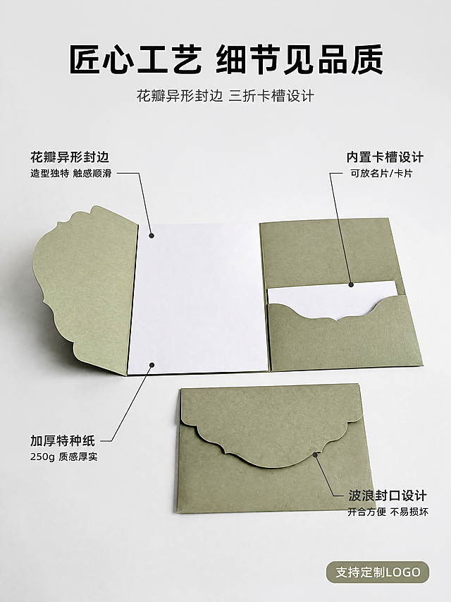 [主图-2] 花瓣边三折贺卡信封结构亮点解析图。
[氛围风格] 1688 B端专业品质感，简约清晰，纸品工艺细节展示；
[画质] 商业摄影质感、光线柔和通透、产品清晰真实、细节锐利，2K超清。
[元素] 画面中央展示打开状态的豆绿色三折贺卡，左侧花瓣异形封边完全展开，中间内页平整，右侧卡槽插袋内插一张白色卡片，贺卡前方横放一枚同款花瓣封口信封。背景为纯净浅灰色渐变背景，突出产品结构。**保持产品外观（即物理结构、材质质感、颜色、花瓣异形封边、三折结构、右侧卡槽形状）与输入产品图一致，杜绝任何变形和色差，精细化处理**。商品主体占比约60%。
[光影] 顶部柔光箱均匀布光，左右辅光补光，纸品纹理清晰，边缘锐利，阴影柔和均匀，整体明亮干净，突出结构层次。
[配色] 主色豆绿色（产品）、浅灰色（背景）；辅色白色（内页卡片）、深灰（文字）。
[视角构图] 平视微俯角度，产品居中横向展开，左右两侧留负空间放引线标注，构图对称稳定。
[文字版式] 顶部居中主标题"匠心工艺 细节见品质"，黑色大号粗体无衬线，下方小字副标题"花瓣异形封边 三折卡槽设计"。产品周围用细引线标注四处细节：左上引线指向花瓣封边「花瓣异形封边」「造型独特 触感顺滑」；右上引线指向卡槽插袋「内置卡槽设计」「可放名片/卡片」；左下引线指向纸张边缘「加厚特种纸」「250g 质感厚实」；右下引线指向信封封口「波浪封口设计」「开合方便 不易损坏」。每个标注点配小圆点定位，文字为深灰色，上句粗体下句常规。底部右侧小标签"支持定制LOGO"，豆绿色底白字。
[输出要求] 1:1比例，文字清晰锐利，超高清商业摄影质感。
[负向提示词] 变形，文字错乱，产品图模糊，背景杂乱，水印，电商平台Logo，多余的手，畸形手，手指扭曲。