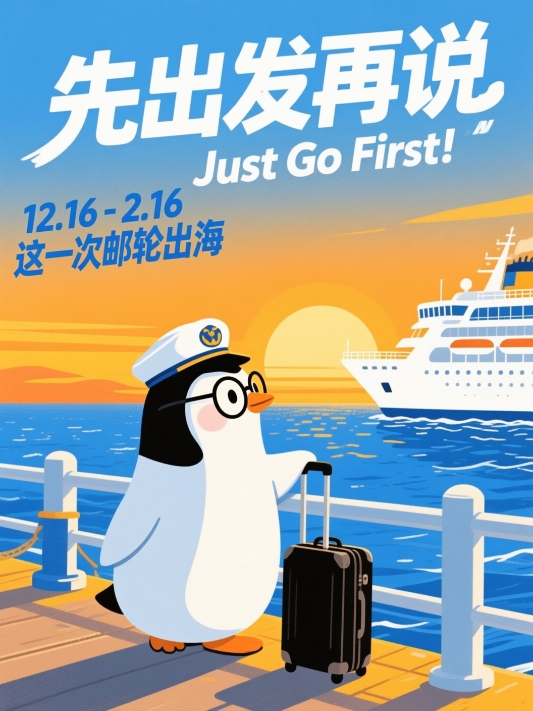 创作一幅扁平插画风格的邮轮旅行促销海报，采用中心构图。画面核心… - 图片创意预览
