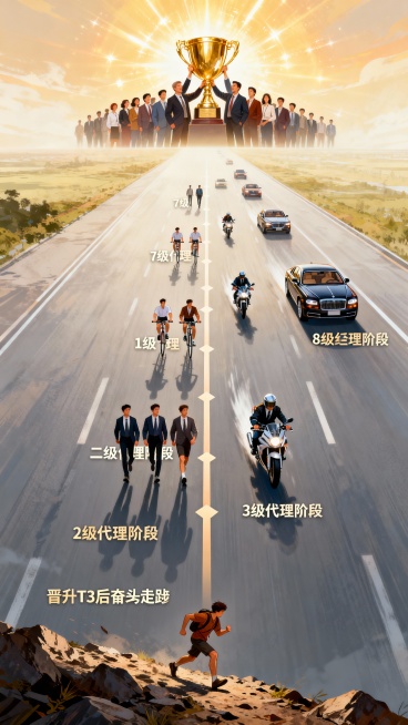 一个人开始艰难的步行——- 升级到T3开始跑起来——-晋升代理后开始  5个人一起走——-2级代理—-两个1级代理和一个二级代理一起骑车 ——3级代理 2二级代理和一个3级代理 一起骑摩托车 ——-这预览效果