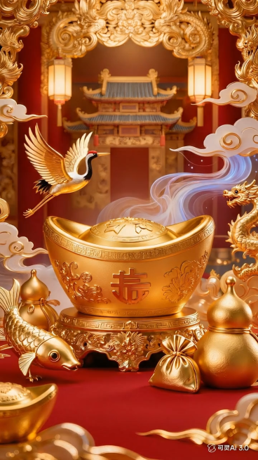 金色的仙鹤轻轻振翅飞翔，仙云雾气缓缓飘动，金龙摆动身姿，锦鲤微微摆尾，整体画面保持原有的国潮喜庆风格，金元宝和各类金饰静止不动，只有烟雾和动物元素自然微动预览效果
