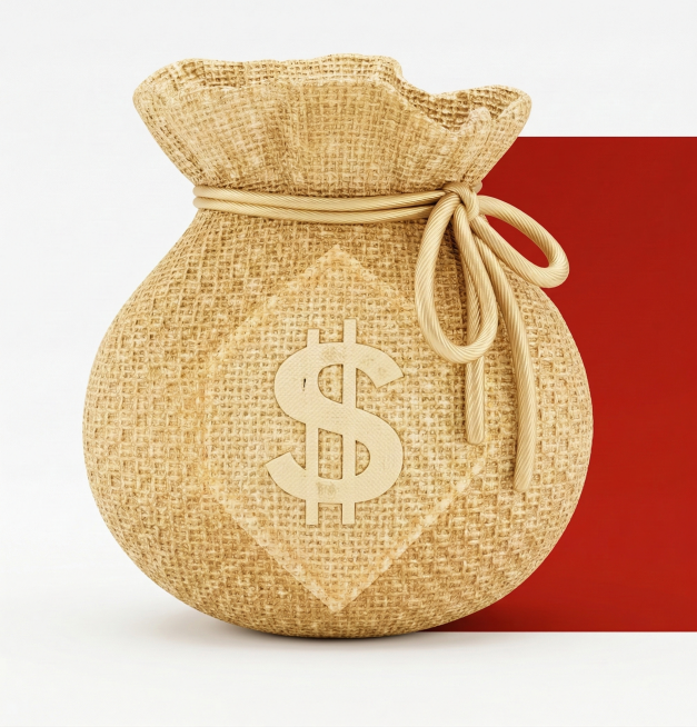 生成一个和参考图类似的浅金色束口钱袋，袋身有美元符号，背景为白色和红色拼接预览效果