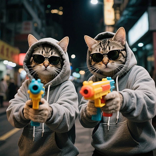 两个小猫，穿连帽卫衣，手拿玩具枪，带着墨镜，背景是港风街道