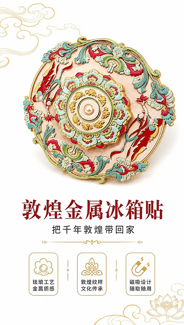 [商品] 使用【图2】圆形飞天莲花款敦煌金属冰箱贴作为主展示款；保留圆形花瓣轮廓、双层可旋转结构、中心珍珠镶嵌、红青金敦煌配色、飞天人物与缠枝莲花纹样、金属描边工艺；商品处理：增强金属光泽与珐琅色彩饱和度，去除背景杂点，保持产品结构比例不变。
[画面] 页面目标：氛围头图，打造敦煌国潮文创第一印象；构图：居中对称构图，主体冰箱贴位于画面中上区域，占画面45%；下方留白放置文案；背景：纯净白底，左上角与右下角点缀淡金色敦煌祥云纹与莲花纹装饰，营造国风氛围感；前中后景：前景淡金祥云装饰、中景冰箱贴主体、后景纯白渐变底；阅读动线：从上至下，先看产品再读文案。
[视觉] 套系策略：风格=白底简约国潮敦煌风商业摄影；标题字=国风宋体粗体（带衬线，典雅大气）；正文字=简洁无衬线中黑体；主色=朱砂红+石青蓝+鎏金；背景延展=纯白底色，局部点缀同色系敦煌纹样做深浅层级；强调色=鎏金色，仅用于图标、引线、装饰线条和重点文字；标题色=深朱砂红；正文色=深炭灰；组件=圆角金边信息卡、敦煌卷草纹分割线；光影=正上方柔和漫射光，金属边缘带高光，珐琅面色彩均匀通透。
[文字] 主标题：敦煌金属冰箱贴（位于产品下方居中，大字号）；副标题：把千年敦煌带回家（主标题下方，小一号）；卖点1：珐琅工艺 金属质感；卖点2：敦煌纹样 文化传承；卖点3：磁吸设计 随取随用；文字区位于画面下半部分，居中排列，不遮挡产品主体；所有文字横向排版。
[规格] 图片比例9:16竖版，4K分辨率，负向提示：避免变形、错字、文字过小、背景杂乱、产品颜色失真、结构缺失、冷蓝灰调、非白底背景。
