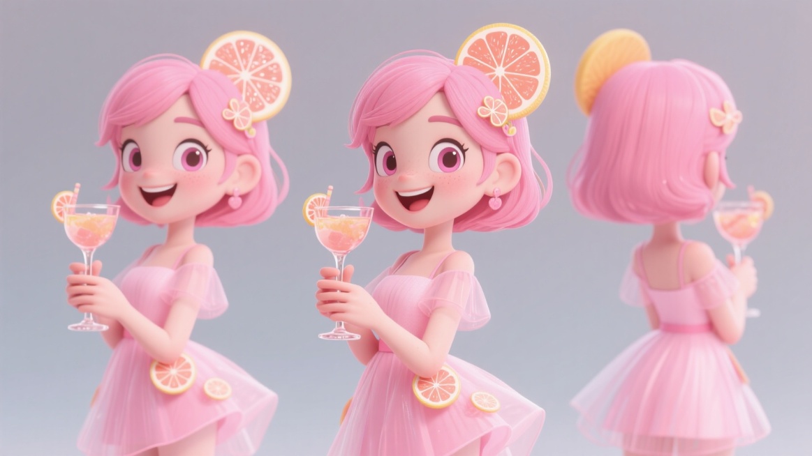 西柚鸡尾酒吉祥物，粉红色少女，现代感，活力满满预览效果