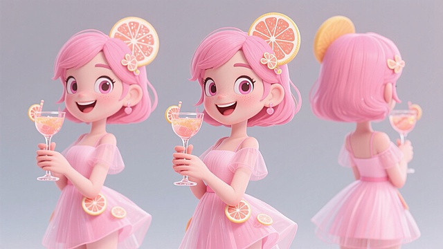 西柚鸡尾酒吉祥物，粉红色少女，现代感，活力满满