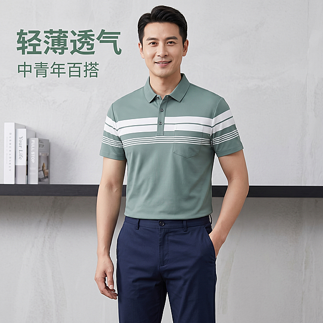 [主图 1] 男士拼色条纹薄款POLO衫首图展示
[氛围风格] 简约商务休闲风，高级松弛感，自然生活化
[画质] 商业摄影质感，光线柔和通透，产品清晰真实，画面干净高级
[元素] 35岁左右亚洲男士模特，中景展示（膝盖以上），正面站立，单手插口袋姿态自然，穿着豆绿色拼白色条纹POLO衫，保持POLO衫外观（物理结构、材质质感、颜色）与输入产品图绝对一致，杜绝任何变形和色差，精细化处理。极简浅灰色肌理背景，商品主体占比严格控制在70%左右，画面满屏无边框
[光影] 正面柔和主光均匀照亮服装，侧面补光勾勒轮廓，阴影柔和通透，突出面料轻薄质感
[配色] 主色调豆绿+白色，浅灰色背景，清新自然
[视角构图] 平视角度，人物服装为视觉中心，景深适中，轮廓完整不裁切
[文字版式] 左上负空间左对齐留安全边距，大字文案“轻薄透气”豆绿色粗体无衬线，辅助短句“中青年百搭”约半高同色系，文字不遮挡主体
[比例分辨率] 1:1比例，2k分辨率，文字清晰锐利，超高清
[负向提示词] 变形，水印，文字错乱，产品图模糊，背景杂乱，文字遮挡主体