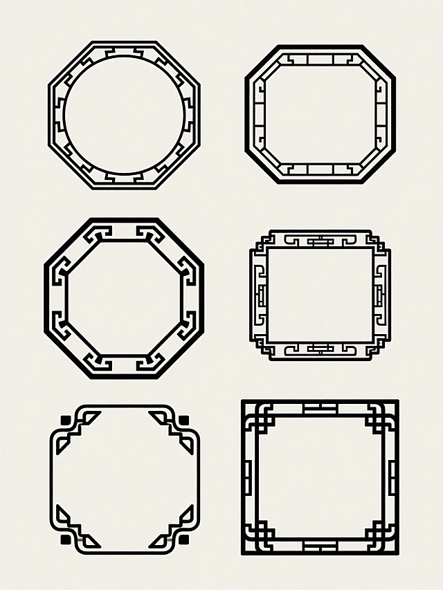 中国传统国风边框设计，六个不同形状的装饰性边框，包括圆形、八边形和方形，采用黑色线条勾勒，具有传统纹样和几何图案，线条简洁流畅，风格统一，适合用于中国风设计元素