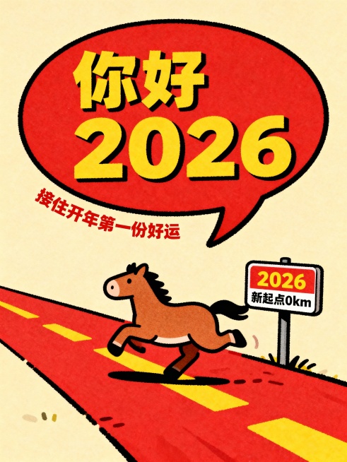 扁平拙气的插画风格，画面上方是大尺寸红色对话框，内用黄边粗体字突出 “你好 2026”，旁加红色小字 “接住开年第一份好运”。米黄背景，对话框下方的红黄卡通道路场景里，活泼卡通小马（奔跑状）踩在道路上预览效果