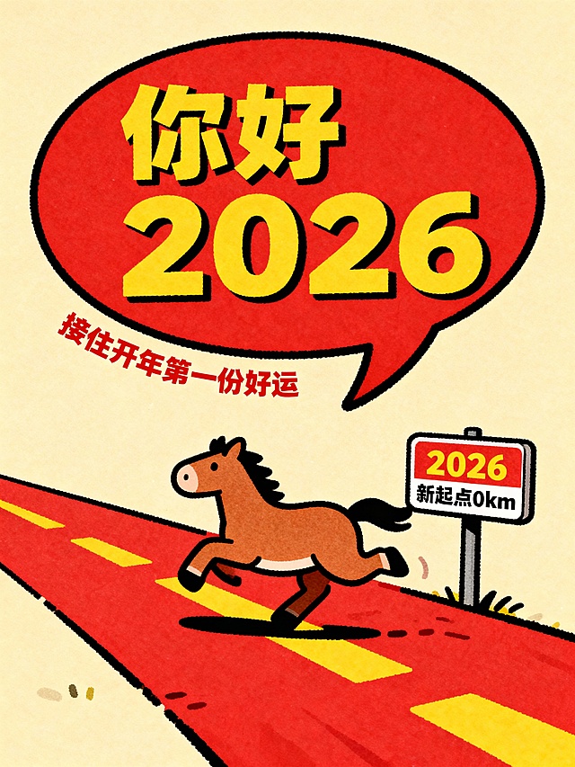 扁平拙气的插画风格，画面上方是大尺寸红色对话框，内用黄边粗体字突出 “你好 2026”，旁加红色小字 “接住开年第一份好运”。米黄背景，对话框下方的红黄卡通道路场景里，活泼卡通小马（奔跑状）踩在道路上。马身旁立着标识牌，牌面写 “2026 新起点 0km”。