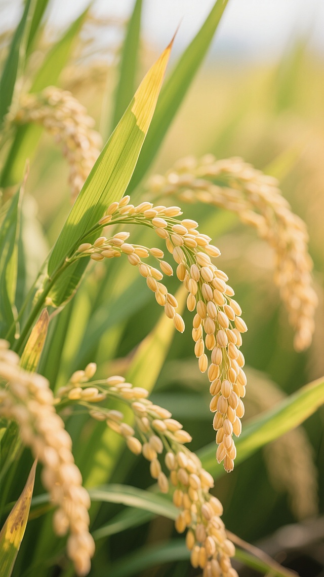 特写镜头下饱满金黄的稻穗，稻穗颗粒圆润低垂，呈现自然成熟的浅金黄色，稻穗茎秆细长坚韧，绿色稻叶修长挺拔，叶脉清晰可见，部分叶片带有自然的黄色边缘，整体画面以绿色和金黄色为主色调，光线明亮柔和，呈现出自然光线下的真实质感，背景虚化突出前景稻穗的细节，营造出丰收、自然、清新的氛围，稻穗排列自然松散，充满田野的生机与质朴感。
