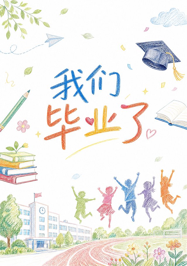 六年级毕业成长纪念册封面，彩铅手绘风格，纯白色背景，文字“我们毕业了”，温馨青春校园氛围，干净简约手绘