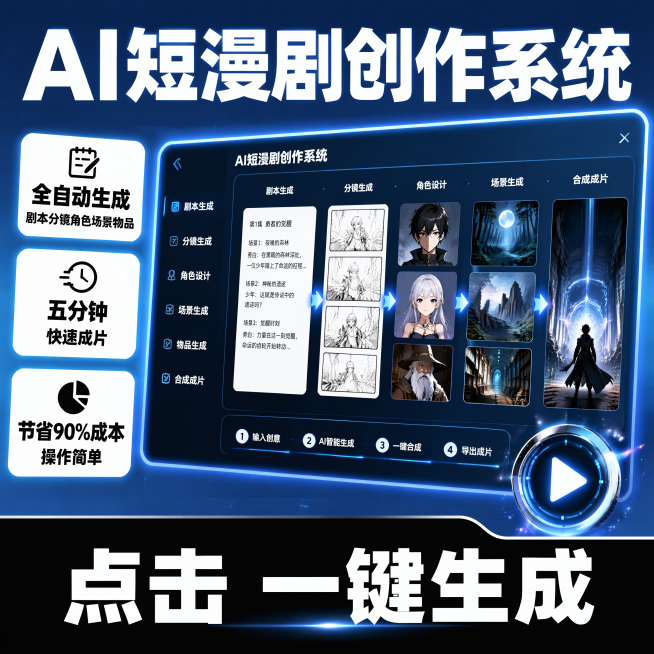 AI短漫剧创作系统
全自动生成 剧本、分镜、角色、场景、物品
5分钟成片
成本节省90%
操作无脑
点击模型
做一张主图预览效果