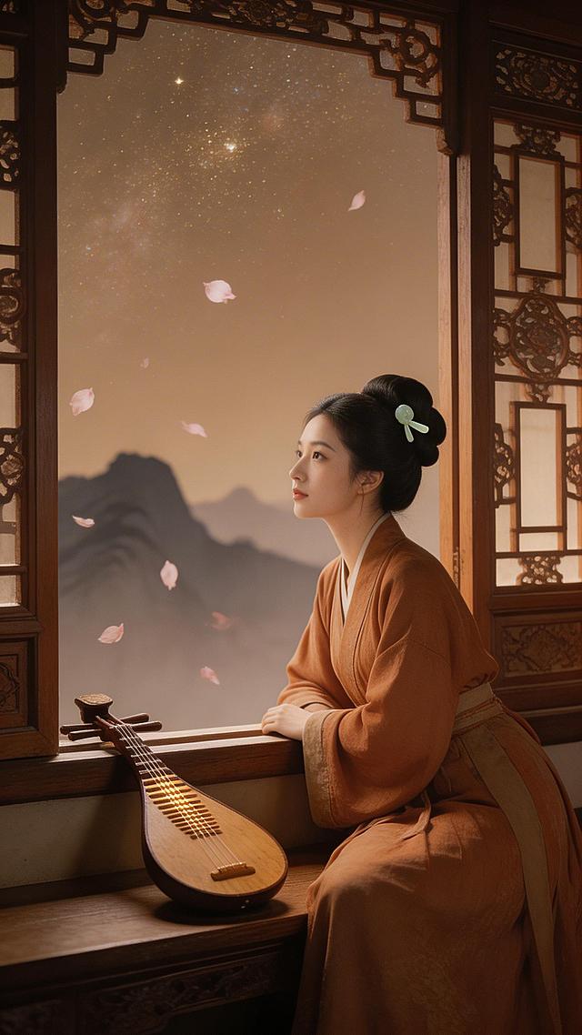 古风浪漫深情星河，古风女子独坐窗前，窗外有飘落的花瓣与远山剪影。窗台上放着一把旧琵琶，琴弦微微反光。画面色调偏暖棕与淡金，有岁月沉淀的质感，无任何文字