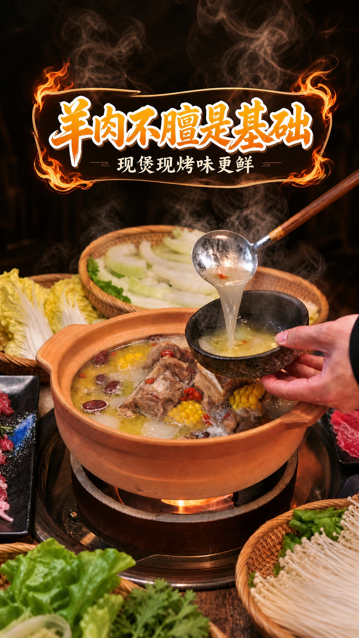 将这张羊肉煲海报上方添加的文字部分整体适当缩小一号，包括主标题… - 图片创意预览