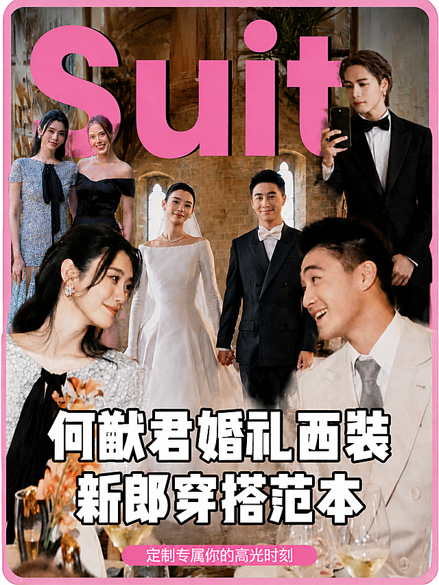 将顶部粉色大字从“西装”改为“Suit”，去掉“量身定制|质感面料|匠心剪裁|绅士格调”这条文字，保留其他设计、构图和素材不变，保持整体风格自然统一
