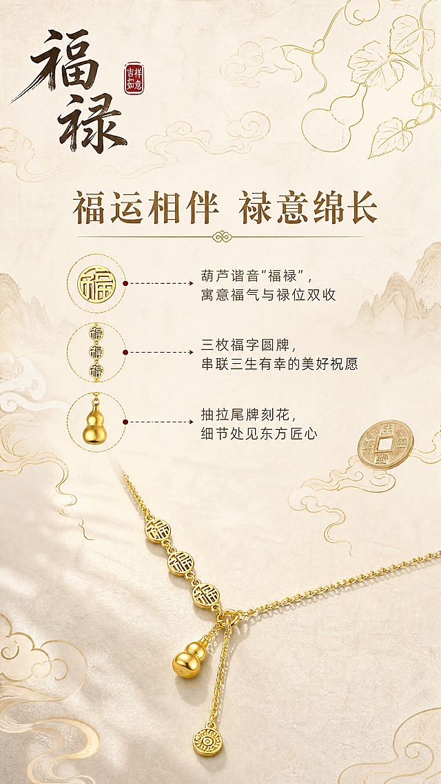 [商品] 使用【图1】福禄满满项链；保留葫芦吊坠、福字圆牌、整体造型与金色外观；项链斜向优雅摆放于画面中下部，产品占画面35%。
[画面] 第4张·设计故事，目标传递福禄吉祥的东方文化寓意。竖版构图，上半部分为东方意境插画与文字结合，下半部分展示产品。背景为浅米色宣纸纹理，左上角有毛笔书法"福禄"二字，旁边盖朱砂红印章。画面中点缀祥云纹样、葫芦藤蔓线条、古钱币图案等东方元素，以金色线条勾勒，轻盈飘逸。中间用细金线连接福字牌与"福"字、葫芦与"禄"字，讲述设计灵感来源。整体营造诗意东方的文化氛围。
[视觉] 套系策略：风格=东方雅致轻奢珠宝商业摄影；标题字=宋体衬线粗体（新中式风格）；正文字=简洁无衬线体；主色=暖金色+米杏色；背景延展=基于米杏色做深浅渐变、宣纸纹理、柔光晕染；强调色=朱砂红，仅用于小面积图标、引线、印章点缀；标题色=深棕金；正文色=暖灰褐；组件=圆角金线信息卡、细金线引线、朱砂红印章图标；光影=左前侧45度暖柔光，金属表面形成清晰高光带，底部柔和投影。
[文字] 上方大标题"福运相伴 禄意绵长"，中段设计理念文字：「葫芦谐音"福禄"，寓意福气与禄位双收」「三枚福字圆牌，串联三生有幸的美好祝愿」「抽拉尾牌刻花，细节处见东方匠心」，下方展示产品实物。文字全部横向排版，分布于画面上中部。
[规格] 图片比例9:16竖版，4K，避免变形、错字、文字过小、冷蓝背景、颜色改变、结构失真、绝对化用语。