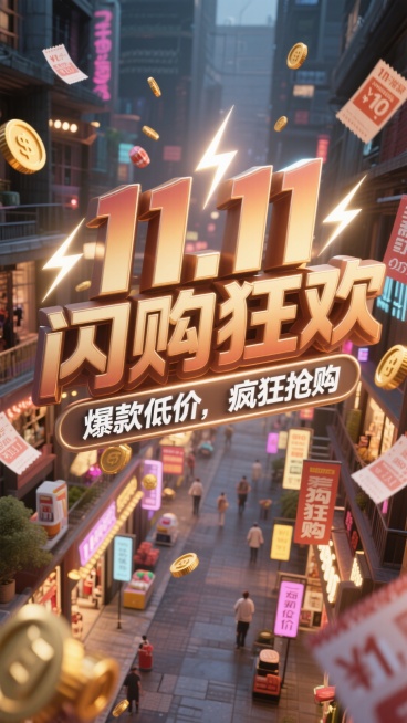 主标题"11.11闪购狂欢"，渐变3D字体，颜色为棕金色，带有闪电特效；副标题"爆款低价，疯狂抢购"银白色，搭配光效增强动感。背景为霓虹灯装饰的购物街区，街头有很多折扣牌和特卖标语，四周飞舞着优惠券、预览效果