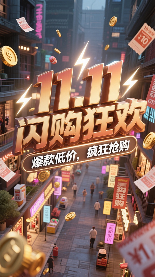 3D立体鎏金大字搭配霓虹灯光效，金属质感与飞舞金币营造强烈促销氛围，都市夜景背景凸显双十一闪购狂欢主题。