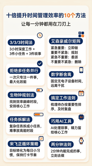 现代简约信息图风格，浅色米白背景，配有柔和阴影和圆角卡片元素。上方大标题："十倍提升时间管理效率的10个方法"，副标题："让每一分钟都用在刀刃上"。下方分为10个圆角卡片，每个卡片对应一个时间管理方法预览效果