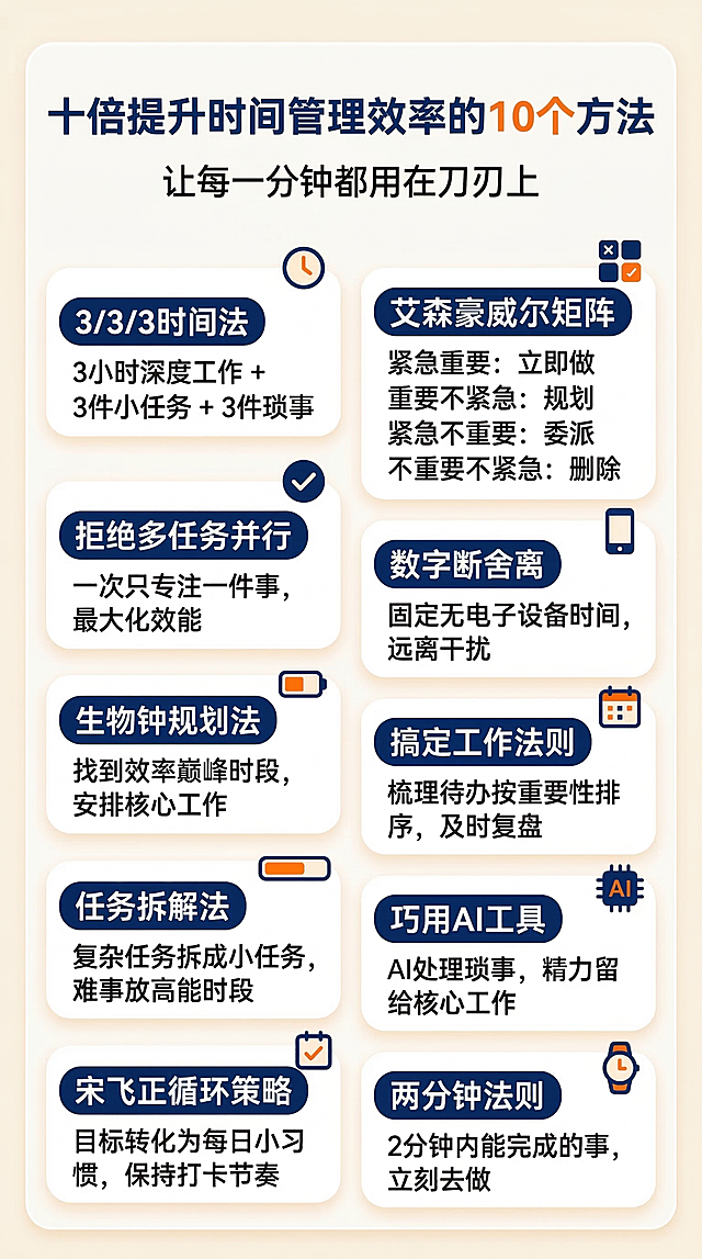 现代简约信息图风格，浅色米白背景，配有柔和阴影和圆角卡片元素。上方大标题："十倍提升时间管理效率的10个方法"，副标题："让每一分钟都用在刀刃上"。下方分为10个圆角卡片，每个卡片对应一个时间管理方法，每个方法配有小图标：1. 3/3/3时间法 配时钟图标："3小时深度工作 + 3件小任务 + 3件琐事"；2. 艾森豪威尔矩阵 配矩阵图标："紧急重要：立即做，重要不紧急：规划，紧急不重要：委派，不重要不紧急：删除"；3. 拒绝多任务并行 配对勾图标："一次只专注一件事，最大化效能"；4. 数字断舍离 配手机图标："固定无电子设备时间，远离干扰"；5. 生物钟规划法 配电池图标："找到效率巅峰时段，安排核心工作"；6. 搞定工作法则 配日历图标："梳理待办按重要性排序，及时复盘"；7. 任务拆解法 配进度条图标："复杂任务拆成小任务，难事放高能时段"；8. 巧用AI工具 配AI图标："AI处理琐事，精力留给核心工作"；9. 宋飞正循环策略 配打卡图标："目标转化为每日小习惯，保持打卡节奏"；10. 两分钟法则 配钟表图标："2分钟内能完成的事，立刻去做"。主色调为深蓝色，橙色作为点缀，文字清晰易读，排版整齐，整体氛围专业、高效、清晰，适合职场人士和学生群体。加入时钟、对勾、电池、大脑、手机、AI、进度条、日历等小图标元素增强可读性。