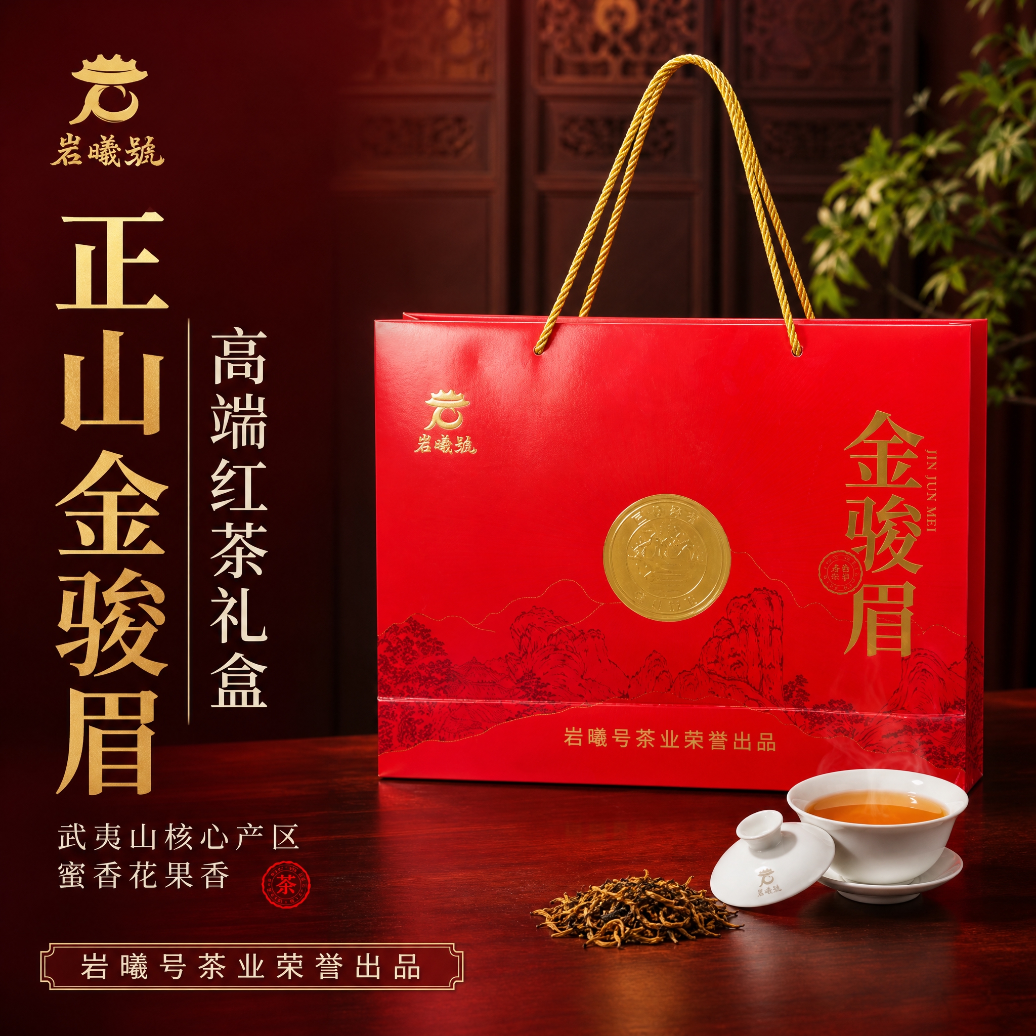 基于图中的岩曦号金骏眉红色手提袋礼盒，生成抖音电商主图第1张。… - 图片创意预览