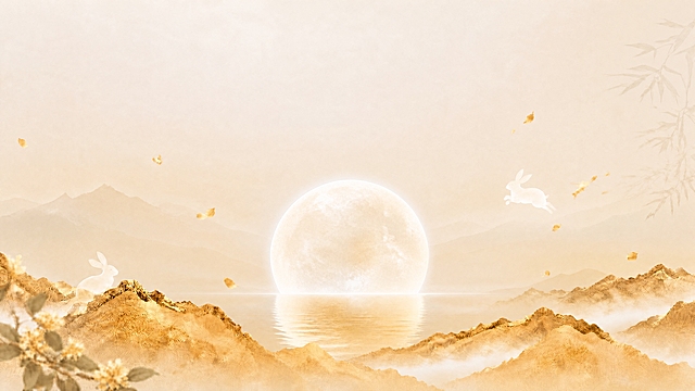 1. 将右侧竹叶调成暗影淡淡的效果，降低存在感；2. 去除左上角的桂花枝叶；3. 拉大月亮上方的空间，为顶部留出放置标题的空白区域，月亮整体向下移动，保持月亮低饱和度的浅淡效果；4. 其余元素（山水、白兔、水面倒影、飘落花瓣等）保持不变，整体风格和暖金色调与原图一致