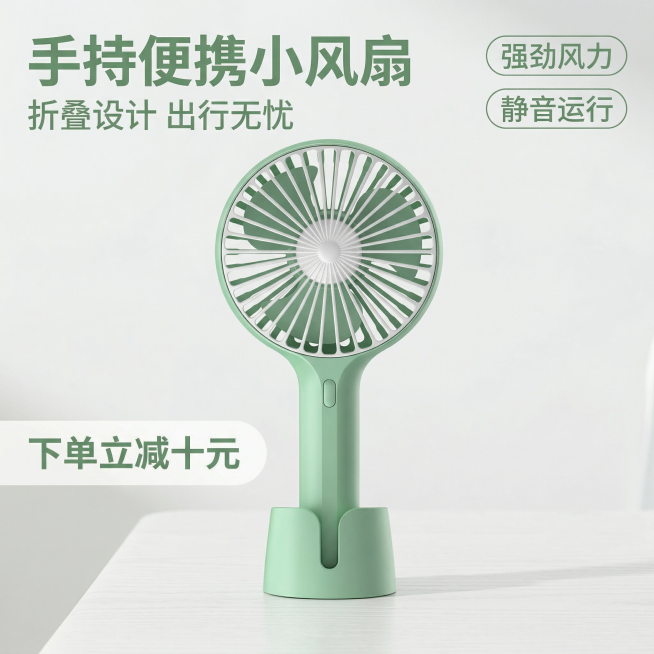 [主图 1] 浅绿色手持折叠小风扇首图
[氛围/风格]：清新简约电商风格，干净明亮自然光，突出产品质感。
[画面元素]：保持原产品浅绿色手持小风扇外观不变，产品居中放大展示，放置在清新干净的浅白色桌面预览效果