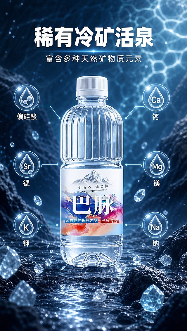 [商品] 使用【图1】巴脉天然苏打水透明PET瓶装；保留瓶身结构、竖纹瓶身、白色瓶盖、雪山图案标签、"巴脉"大字Logo、全部标签文字；商品处理：增强瓶身通透感，标签文字清晰。
[画面] 目标：卖点拆解页，稀有冷矿活泉六大矿物质。构图：产品居中竖放占画面45%，周围用冰蓝色细线引线向外辐射标注6种矿物质元素，每个引线末端有圆形图标+文字；背景为火山岩纹理+流动水光效果，前景悬浮发光矿物粒子，≥3层视觉层次（产品/引线图标/背景纹理）。
[视觉] 套系策略：风格=高端自然商业摄影+冷调科技感；标题字=现代无衬线粗体（思源黑体Heavy）；正文字=简洁无衬线体（思源黑体Regular）；主色=深海蓝+冰蓝渐变；背景延展=基于深蓝/冰蓝做深浅层级、水光反射、岩石纹理质感；强调色=冰白色+浅青蓝，用于水珠、光效、图标；标题色=纯白色；正文色=浅冰蓝色；组件=圆角半透明信息卡、细线冰蓝色引线、水滴形图标；光影=顶侧冷光+水面折射光，产品正面打光清晰。
[文字] 顶部主标题「稀有冷矿活泉」，副标题「富含多种天然矿物质元素」，产品周围6个引线标注：「偏硅酸」「锶」「钾」「钙」「镁」「钠」；全部横排，引线不遮挡瓶身主标签。
[规格] 图片比例9:16竖版，4K分辨率，负向提示：避免变形、错字、文字过小、暖色背景、瓶身文字错乱、产品比例失真、人物出现。