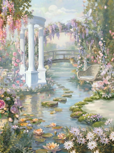 扩宽画面比例，让整体更宽松，调整罗马柱位置使其不再遮挡拱桥，在河面添加石阶步道，保持清新淡雅莫奈花园色调，保留罗马柱、拱桥、秋千元素，右侧预留洗衣液放置空间，画面疏朗不拥挤预览效果