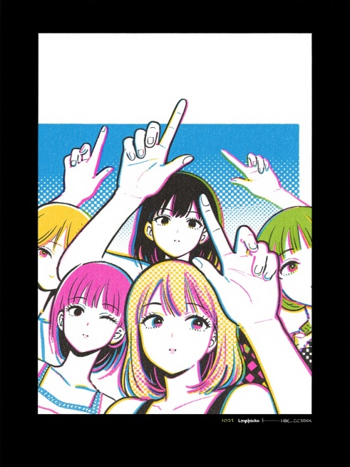 时尚前卫的漫画风格插画，极简主义，兼具日漫的精致与韩式插画的潮流感，Lnplick画风的平面插画。上方画面留空，下方是几名时尚女主角手指上方的画面。背景使用点绘艺术halftone技法，以密集的点通过预览效果