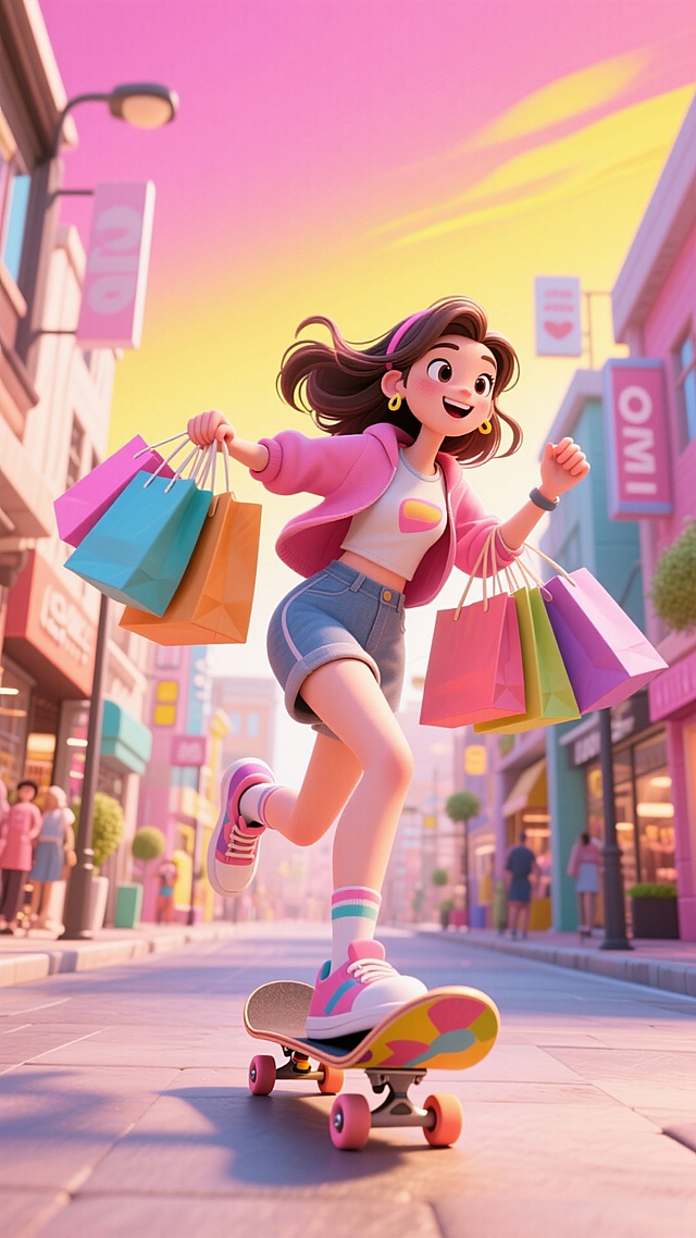 一位女生身着潮流休闲服，滑滑板冲向镜头，动态感，手持各色购物袋，背景是时尚商业街，天空粉色黄色渐变，动作夸张，青春有活力，透视感强