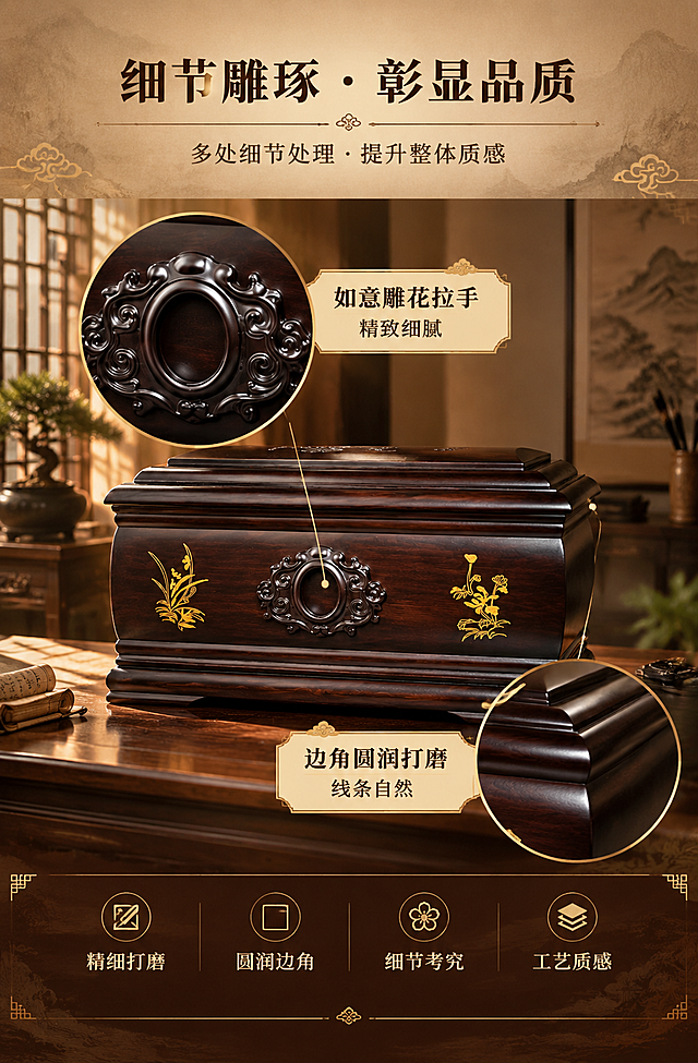 [商品] 使用【图3】金兰居橡胶木实木骨灰盒正面雕花视图；保留深棕木质颜色、如意纹雕花拉手、金色兰花雕花、边角线条，产品不变形不变色。局部放大展示拉手雕花与边角打磨细节。
[画面] 工艺细节展示页，目标体现精细打磨与传统木作工艺。左右分栏构图，左侧为产品局部特写（拉手雕花），右侧为另一处细节（边角打磨），中间穿插文案。背景为中式书房场景，木质桌面、卷轴、盆栽烘托工艺氛围。
[视觉] 套系策略：风格=中式传统温润典雅商业摄影；标题字=宋体衬线粗体；正文字=宋体衬线常规体；主色=深棕暖调；背景延展=基于深棕做深浅层级、暖棕渐变和宣纸/木纹质感；强调色=暗金/暖金色，仅用于小面积图标、引线、装饰线条和标题点缀；标题色=深棕近黑；正文色=中暖棕；组件=回纹边框、云纹装饰、细线引线、圆形放大标注框；光影=侧暖柔光，突出雕花立体感与打磨质感。
[文字] 上方主标题「细节雕琢 · 彰显品质」，副标题「多处细节处理 · 提升整体质感」。配2处放大标注："如意雕花拉手 精致细腻"、"边角圆润打磨 线条自然"。下方4个卖点关键词："精细打磨"、"圆润边角"、"细节考究"、"工艺质感"。文字横向排版，层级清晰，移动端可读。
[规格] 图片宽790px，高约1200px，2K分辨率，避免变形、错字、文字过小、冷蓝/冷灰背景、产品颜色改变、结构失真、极限词、迷信过度宣传、平台Logo水印。