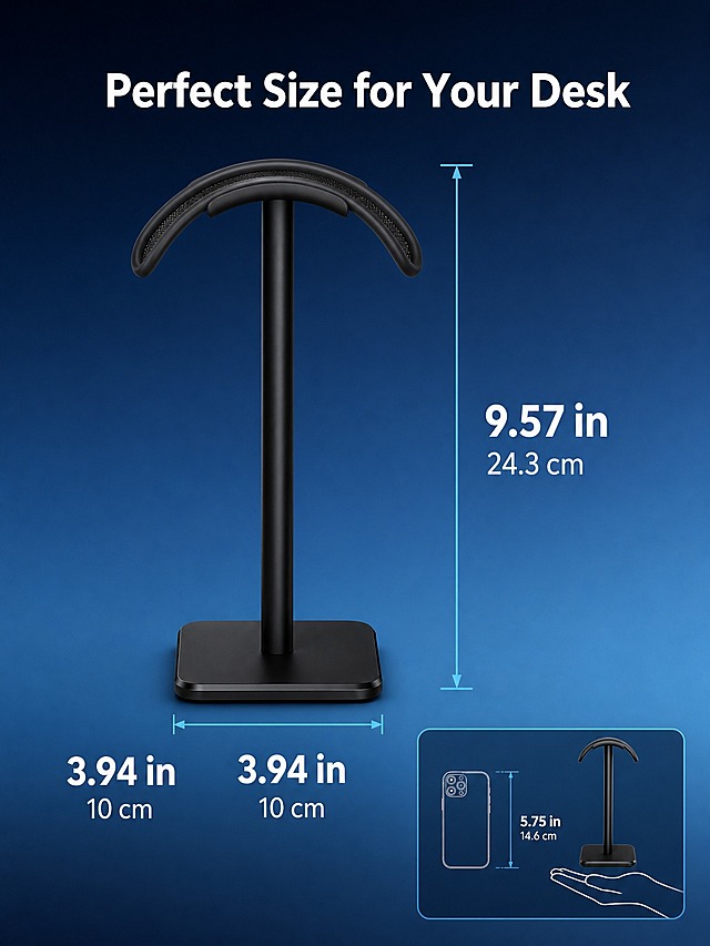 [主图-5] Headphone Stand 尺寸规格图，主题为产品尺寸标注。
[统一基调] 冷灰科技感克制信息图风格，深蓝渐变背景，白色主标题和尺寸数字，亮蓝色标注线，无衬线粗体标题字。
[画面] 画面中央为黑色耳机支架正面视图，产品完整展示。用白色细线和箭头标注产品的三个关键尺寸：底座宽度（左右方向）、底座深度（前后方向）、总高度（从底座底部到头托顶部）。尺寸数字用大号白色字体显示在标注线旁，同时标注英寸和厘米双单位。画面顶部有大标题。画面右下角可加一个常见参照物小图标（如手掌或手机）帮助理解尺寸大小。产品视角为正面微侧，确保尺寸标注清晰不拥挤。
[光影质感] 商业产品摄影质感，产品立体感强，标注线精确清晰，整体干净专业。
[配色] 深蓝渐变背景（上深下浅），产品黑色，标题和尺寸数字白色，标注线和箭头亮蓝色。
[文字版式] 顶部大标题 "Perfect Size for Your Desk"，尺寸标注格式如 "3.94 in / 10 cm"（底座宽）、"9.57 in / 24.3 cm"（总高）。字体统一为现代无衬线体，尺寸数字加粗放大。
[输出要求] 比例3:4，尺寸数字清晰可读，产品清晰，无变形，无水印，无平台Logo，无中文。