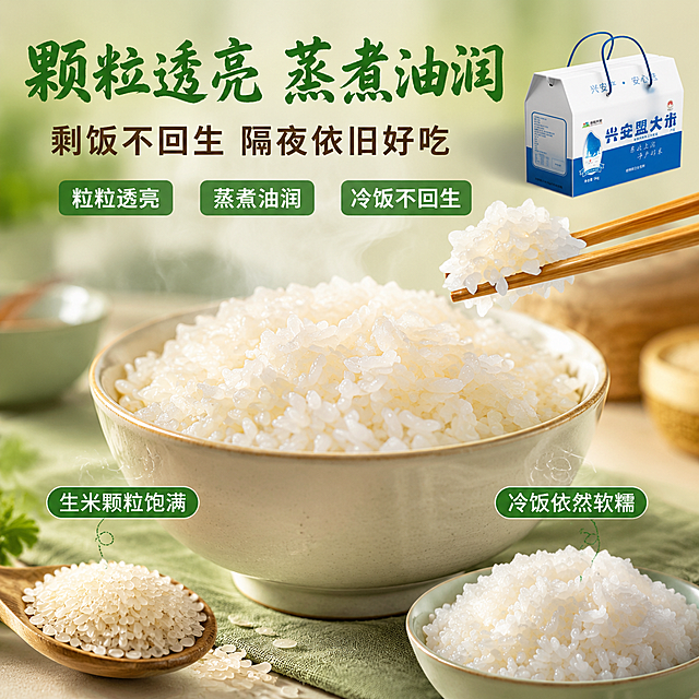 [主图-4] 颗粒透亮蒸煮油润剩饭不回生-草原大米口感品质卖点图。本张使用【图1】作为产品包装辅助展示。
[氛围风格] 温润家常烟火气，淡绿色暖调，食欲感画面，商业摄影质感。
[画质] 商业摄影质感、光线柔和通透、产品清晰真实、画面干净高级。
[元素] 画面中央偏上为一大碗刚蒸好的白米饭特写，米饭蓬松饱满，冒着淡淡热气，每粒米晶莹透亮有油润光泽，米饭占画面约40%；米饭旁边放一双木筷，夹起几粒米展示透亮质感；左下角为一小勺生米粒微距特写，颗粒饱满透亮；右上角为产品包装小图，占比约15%，保持产品外观与输入产品图一致；背景为淡绿色渐变虚化的厨房餐桌场景；右下角放一小碗冷饭，展示冷饭依然饱满不发硬的状态。画面满屏无边框。
[光影] 暖调柔光从左上方照射，米饭颗粒有明显高光和油润质感，热气朦胧自然，整体温暖有食欲，暗部有层次。
[配色] 全局主色淡草绿色渐变 #F1F8E9；辅助色米白色 #FFF8E1、金黄色 #FFB300、深绿色 #2E7D32、浅木色 #D7CCC8；卡片图标色统一使用淡绿色圆角卡片。
[视角构图] 中心米饭特写为主视觉，四周分布生米、冷饭和产品，阅读动线从中心向四周扩散；俯视角度，景深较浅突出米饭质感。
[文字版式] 顶部大标题「颗粒透亮 蒸煮油润」粗笔刷书法字，深绿色最大号；副标题「剩饭不回生 隔夜依旧好吃」圆角黑体，深棕色约半高；米饭下方三个圆角卖点标签横向排列：「粒粒透亮」「蒸煮油润」「冷饭不回生」，白字深绿底；生米旁标注「生米颗粒饱满」，冷饭旁标注「冷饭依然软糯」；文字清晰可读，不遮挡米饭主体。
[输出要求] 1:1 比例，2048px*2048px，2K分辨率，文字清晰锐利，画面超高清商业摄影质感。
[负向提示词] 变形，文字错乱，产品图模糊，背景杂乱，水印，电商平台Logo，极限词。