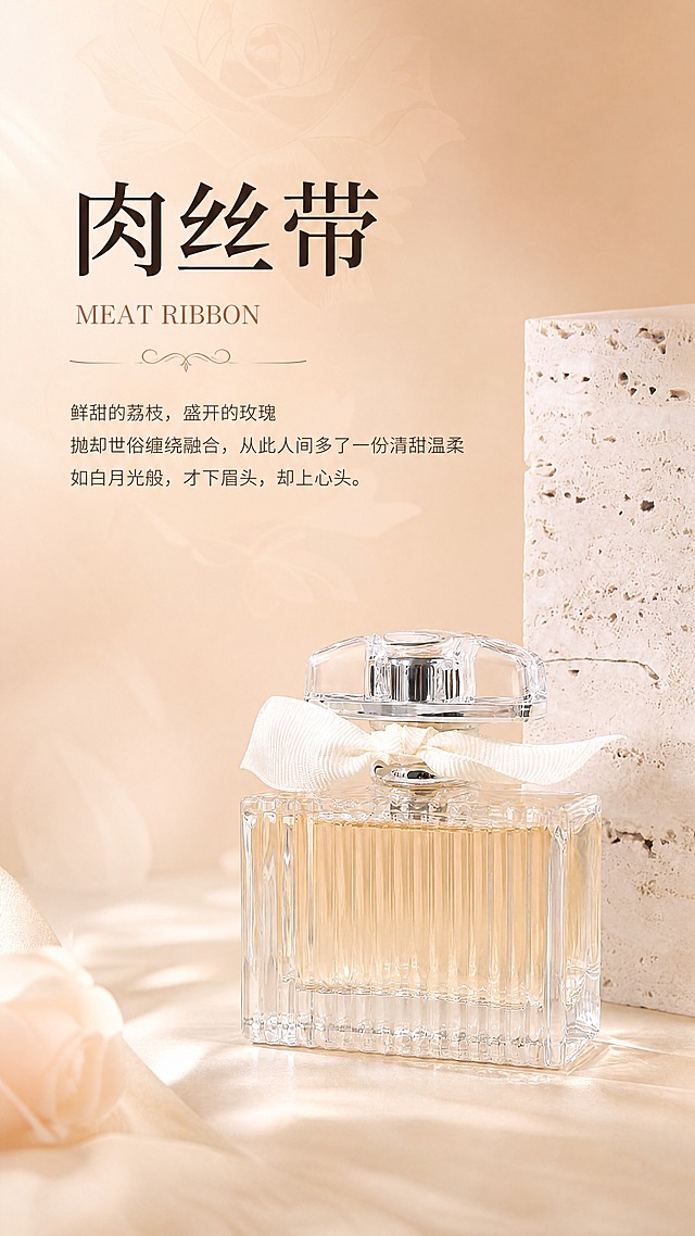 [商品] 使用【图6】肉丝带香水瓶图；保留方形竖纹玻璃瓶身、淡黄色香液、透明水晶瓶盖、米白色丝带蝴蝶结；修复增强玻璃通透质感与金属光泽，不改变瓶型比例和颜色。
[画面] 目标：香调故事意境页，强化「肉丝带」白月光情感共鸣。构图：左文右图，左侧文字区占45%，右侧香水瓶占55%，产品偏右下摆放，旁边搭配米白色洞石立柱道具。背景暖杏色渐变，左侧浅右侧稍深。前景点缀柔光，中景产品+道具，背景渐变+柔雾。三层视觉层次。
[视觉] 套系策略：风格=法式轻奢高级商业摄影；标题字=优雅衬线粗体（宋体类）；正文字=简洁无衬线体；主色=暖杏粉；背景延展=基于暖杏粉做深浅渐变、柔雾光晕、同色系玫瑰暗纹质感；强调色=玫瑰金，仅用于小面积分割线、标签、装饰线条；标题色=深棕黑；正文色=暖棕灰；组件=圆角浅底信息卡、细线分割、优雅花体装饰字；光影=右侧45度柔暖侧光，玻璃高光通透，产品底部柔和投影。
[文字] 左上主标题：肉丝带（3字，超大字号）。副标题英文：MEAT RIBBON。下方三段文案：鲜甜的荔枝，盛开的玫瑰 / 抛却世俗缠绕融合，从此人间多了一份清甜温柔 / 如白月光般，才下眉头，却上心头。文字全部横排，左对齐，不遮挡产品主体。
[规格] 淘宝/天猫详情页单屏9:16竖版，4K分辨率，负向：变形、错字、文字过小、冷蓝背景、瓶身颜色改变、结构失真、二维码、水印、绝对化用语。