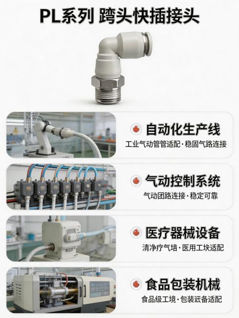 生成PL系列弯头快接应用场景展示淘宝详情页图片，展示该产品适配的多个应用场景：自动化生产线、气动控制系统、医疗器械设备、食品包装机械，每个场景配小图+文字说明，产品保持原有颜色形状不变，整体排版简洁明预览效果