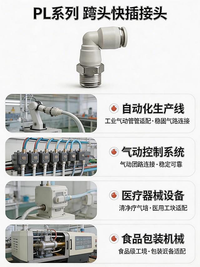 生成PL系列弯头快接应用场景展示淘宝详情页图片，展示该产品适配的多个应用场景：自动化生产线、气动控制系统、医疗器械设备、食品包装机械，每个场景配小图+文字说明，产品保持原有颜色形状不变，整体排版简洁明了，突出产品广泛适配性，风格专业统一，尺寸1440x1920，宽高比3:4。