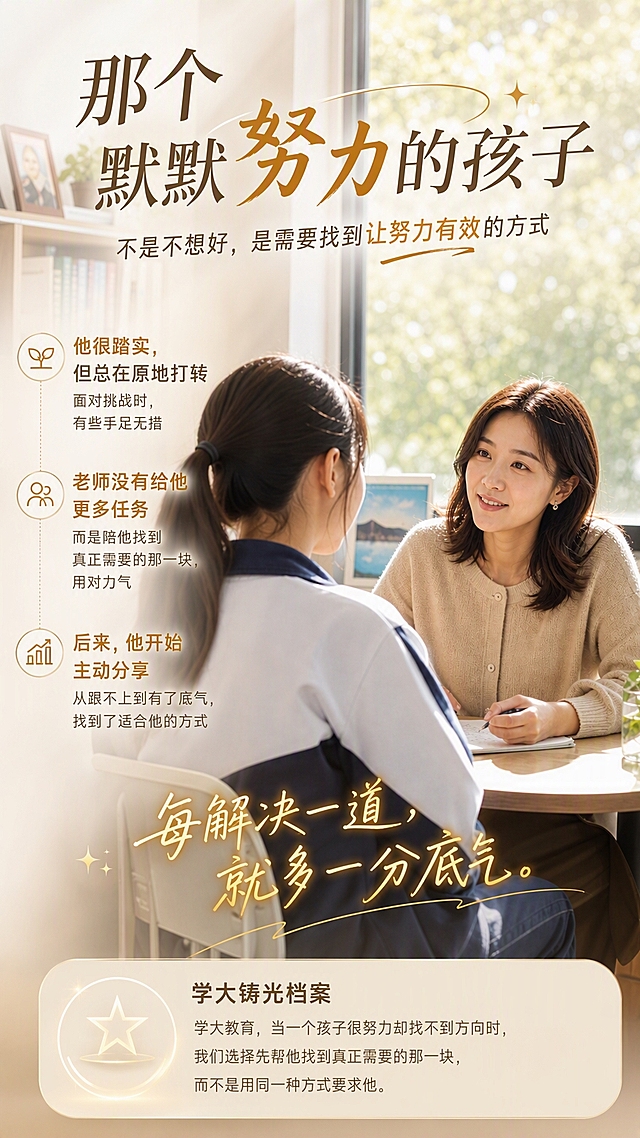 基于这张温暖明亮的师生辅导场景图，制作一张高端教育品牌海报，画面保持温暖明亮高端质感，整体色调柔和温暖，阳光感充足。在画面中优雅地排版以下文字，文字布局有档次、灵动有生气，字体精致有设计感，文字清晰易读：

【主标题】那个默默努力的孩子
【副标题】不是不想好，是需要找到让努力有效的方式

【第一组】
小标题：他很踏实，但总在原地打转
内容：面对挑战时，有些手足无措

【第二组】
小标题：老师没有给他更多任务
内容：而是陪他找到真正需要的那一块，用对力气

【第三组】
小标题：后来，他开始主动分享
内容：从跟不上到有了底气，找到了适合他的方式

【金句】每解决一道，就多一分底气。

【学大铸光档案】
学大教育，当一个孩子很努力却找不到方向时，我们选择先帮他找到真正需要的那一块，而不是用同一种方式要求他。

文字排版错落有致，有层次感，主标题醒目大气，各组内容分区清晰，金句突出强调，底部品牌文案稳重有质感，整体风格温暖治愈、高端专业。