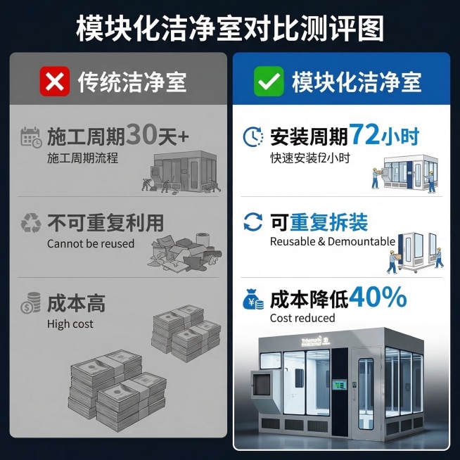 模块化洁净室对比测评图，分栏对比布局，中间用明显的垂直分割线分隔。左侧为传统洁净室区域，色调偏灰暗，配红色叉号标签，标注「传统洁净室」，下方列出痛点：「施工周期30天+」「不可重复利用」「成本高」，文预览效果
