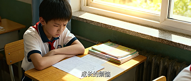 略带忧郁又充满希望的风格，高年级小学生坐在书桌前，桌上放着试卷和书本，窗外阳光明媚，学生眉头紧锁，画面添加文字"成长的烦恼"，整体明亮细腻