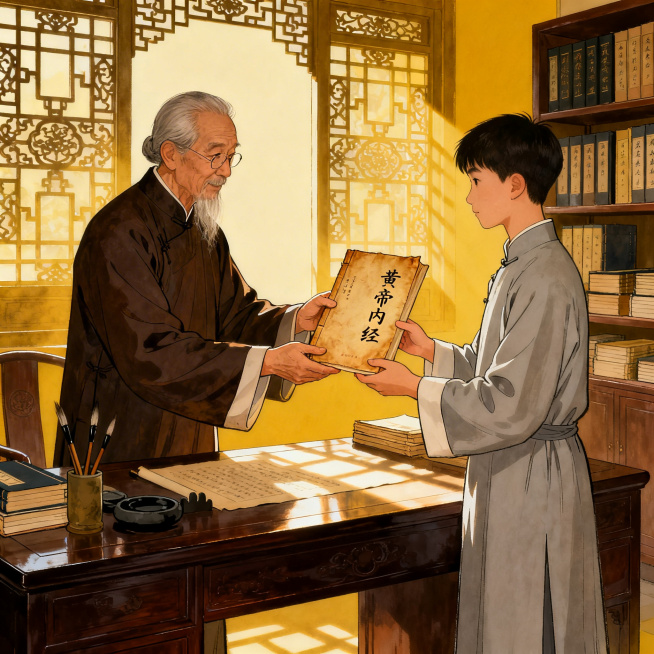 老师傅向徒弟传授中医古籍，师徒二人恭敬交接，传统中医传承仪式感，中式书房内景预览效果