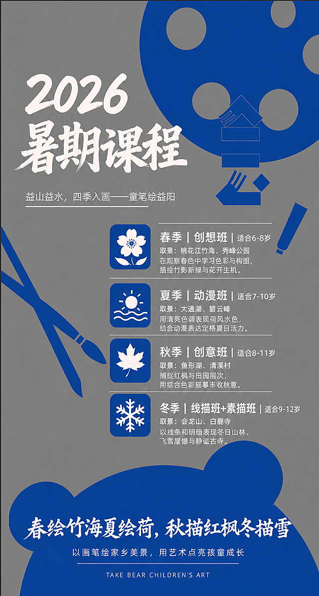 按照用户提供的内容调整整张海报的文案：主标题改为2026暑期课程，副标题益山益水，四季入画——童笔绘益阳；四季课程板块更新为带适合年龄的新版本，更换对应的景致描述；底部标语更改为春绘竹海夏绘荷，秋描红枫冬描雪 以画笔绘家乡美景，用艺术点亮孩童成长；保留品牌落款TAKE BEAR CHILDREN'S ART，保持原海报排版和蓝白配色风格。