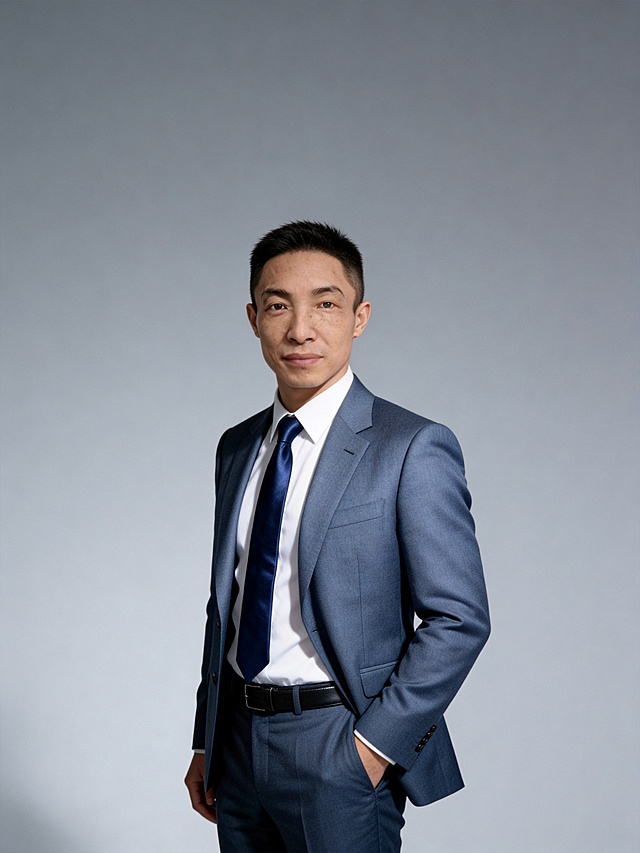 参考第一张图保留人物脸型､发型､年龄等特征生成职场形象照,参考第二张图人物占位和比例,标准焦段50mm,F/4光圈(F/2.8-F/4区间),平视视角(镜头与人物视线齐平);人物占画面70%,人物居中(居中构图),位于画面中心,为视觉聚焦点,入境范围头部及以下至臀部下方10cm(半身像);左右留少量背景空间;头部与画面顶部保留5%空间;头部发型完整,头肩比例协调;身着雾感蓝灰色精纺羊毛混纺西装(面料呈细腻微微哑光质感);内搭高支精梳棉白色衬衫(面料带轻微柔光质感),搭配藏深蓝色真丝缎面领带;下装同色系蓝灰色西裤,深色头层牛皮细皮带(宽度1.5cm),着装正式干练;正式严谨专业稳重,身形匀称,姿态端正｡呈正面单手插兜的站立姿态仅露出手腕部分),肢体自然,自信从容;发梢微微修整干练大气,主体锐利,影棚侧光布光(主光来自画面前方),明暗过渡柔和,背景光线均匀,强化色彩对比的高级感｡简约偏冷调中灰度纯色背景(呈现均匀柔和质感),极简干净;32K画质超高分辨率､细节清晰,现代精致感风格;肤质精细化处理;眼神直视镜头,目光坚定且澄澈,表情自然.嘴角上扬;面部光比1:1.5,4800K中性光,微微修饰脸型,肤质哑光细腻,面部雾面柔光,轻透裸肌感,真实毛孔纹理,32K画质,去除人物之外的所有元素｡严格按照第一张图内容生成｡