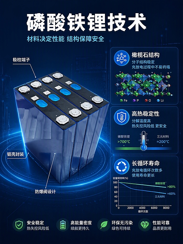 详情页核心技术解析-磷酸铁锂材料结构与原理。本张使用产品图作为结构展示主体。
[氛围/风格] 深蓝科技风，技术感、专业感、可信赖。
[元素布局] 深蓝色渐变背景+科技网格纹理；左侧放1颗蓝色方形铝壳电芯45度视角，占比约40%，产品外观与输入图完全一致；右侧为技术原理说明区，配有分子结构示意图和箭头指示；背景有淡淡的蓝色光效和数据线条。
[光影质感] 冷蓝色主光从左侧照射，电芯表面有清晰反光，右侧说明区有柔光背景，整体明暗有层次。
[配色色系] 全局底色 #081A3A 深蓝；主色科技蓝；辅助色白色文字、青蓝色数据线条；点缀色绿色表示安全稳定。
[视角构图] 左右分栏布局，左产品右说明，阅读动线从左到右再向下。
[文字版式] 顶部主标题「磷酸铁锂技术」白色超大粗黑体，副标题「材料决定性能 结构保障安全」浅蓝色小字；右侧3组技术说明，每组配蓝色图标+白色标题+浅蓝说明：
1.「橄榄石结构」分子结构稳定 充放电过程中不易坍塌
2.「高热稳定性」分解温度高 热失控风险低 更安全
3.「长循环寿命」充放电循环次数多 使用寿命更长
左侧电芯旁有引线标注：「铝壳封装」「防爆阀设计」「极柱端子」。
[比例分辨率] 3:4竖版比例，4K分辨率，文字清晰可辨。
[负向提示词] 变形，水印，文字错乱，产品图模糊，结构错误。