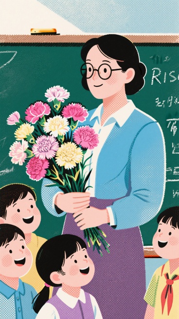 教师抱着一束康乃馨，旁边围着几个学生，背景是深绿色的黑板。Riso印刷风格预览效果